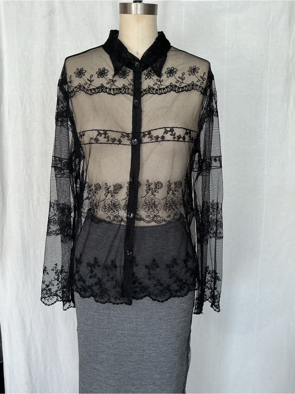 Vintage Sheer Black Lace Button-Front Women's Top
